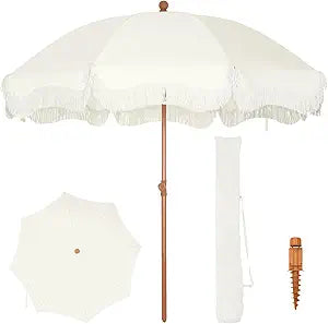 PHI VILLA 7ft Fringe Beach Umbrella White with Sand Anchor, Outdoor Patio White Portable Beach Umbrella for Sand with Tassels, Push Button Tilt & Carrying Bag, UPF 50+
