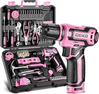 Pink Drill Tool Set Kit DEKOPRO Power Cordless Drill Tool Box with 12V Electric Pink Drill Driver Set for Women Home Hand Repair Tools Sets Drills Case