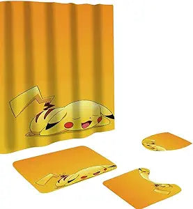 Cute Pokemon Shower Curtain Set 4 Piece with Non-Slip Rugs, Toilet Lid Cover and Bath Mat Cartoon Bathroom Decor 72 x 72inch (Poke)