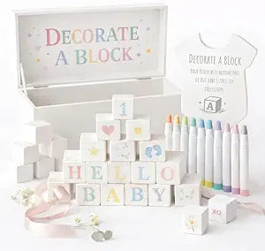 Nolia Baby Shower Blocks Decorating Game  48 White Wooden Cubes to Decorate, Storage Box, 12 Acrylic Markers & Instruction Sign
