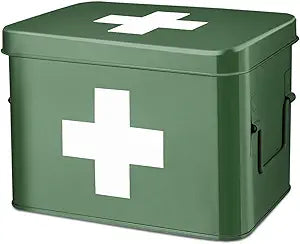 Flexzion Medicine Box, Home Pharmacy Box, 33 x 21 x 19 cm, Metal Medication Storage for Emergency, First Aid Cabinet, with Side Handles, Removable Tray & 5 Compartments, Green