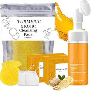 4Pcs Turmeric Wash and Care Three Piece Set,Turmeric Trio: Facial Wash,Cleansing Mousse & Soap for Skin Care,Turmeric Cleansing Exfoliating Pads,Turmeric Face Wash, Natural Skincare for Face & Body