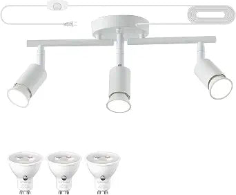 Dimmable Plug in Track Lighting,Plug in Ceiling Light Fixture,White 3 Light Track Light with 16.4' Long Cord,Dimming Switch,3 Way Ceiling Spotlight,Rotatable,LED Bulbs Included