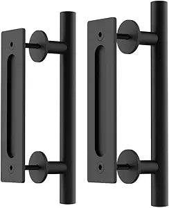 WINSOON 2PCS 12"Sliding Barn Door Handles Black Hardware with Flush Finger Pull Double-Sided Design, Pull and Flush Barn Door Handle Kit,Solid Steel Material,For Gate/Garages/Cabinet,Round,Matte Black