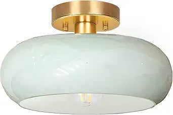 Semi Flush Mount Ceiling Light,11inch Mid Century Modern Light Fixture,Hallway Lighting Fixture with Milk Green Glass Shade,Vintage Ceiling Lamp for Kitchen,Porch,Entryway,Closet
