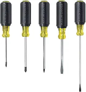 Klein Tools 80031 Screwdriver Set, Made in USA, 5-Piece Kit Includes 2 Slotted, 2 Phillips and 1 Square Tip Screwdriver, Cushion Grip Comfort