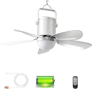 HZZ 21'' Ceiling Fan with Light, 21600mAh Rechargeable Battery, USB-C Fast Charge, DC Brushless Quiet Fan, RF Remote, 3 Installation Modes, for Gazebo, Patio, Camping Tent, Garage, RV, Emergency Use