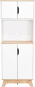 Tuhome Pamplona Microwave Tall Cabinet with Spacious Counter Surface, Multiple Storage Shelves, Upper and Lower Double Door Cabinets, Integrated Cable Management and Large Vertical Design.