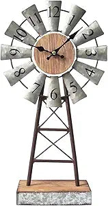 Rustic Windmill Table Clock for Living Room Decor, Vintage Galvanized Metal & Wood Desk Clock with Silent Quartz Movement, Farmhouse Windmill Decor for Living Room, Mantel, Shelf & Office