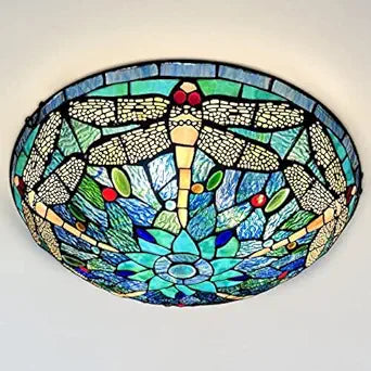 ARTZONE Tiffany Ceiling Lights, Stained Glass Ceiling Light 3-Lights 16 Inch Tiffany Flush Mount Ceiling Light Fixture for Bedroom Dining Living Room Entryway Foyer(Blue Dragonfly)