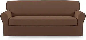 Easy-Going 2 Pieces Microfiber Stretch Sofa Slipcover  Spandex Soft Fitted Sofa Couch Cover, Washable Furniture Protector with Elastic Bottom Kids,Pet (Sofa, Brown)