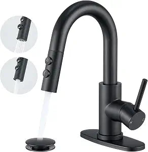 Black Bathroom Faucet with Pull-Down Sprayer, 2 Flow Modes
