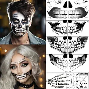 skeleton mouth tattoo,devil face tattoo,halloween spider web face stickers,halloween make up adults,face tattoos for men and women,horror make up,scary face tattoos (B)