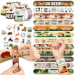 60 PCS Hunting Party Favors Set - 36 Temporary Tattoos & 24 Slap Bracelets for Kids, Perfect for Hunting Birthday Party Decorations, Baby Shower and Outdoor-Themed Supplies