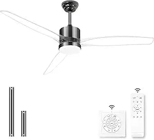 OKELI Clear Ceiling Fan with Light, 52 Inch Black Transparent Ceiling Fans with Light and Remote 3 Reversible Blade LED Ceiling Fan and Light Combo for Living Room, Bedroom, Patio
