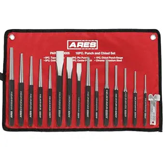 ARES 50005-16-Piece Punch and Chisel Set - Tapered, Pin, Center Punches & Cold Chisels for Various Applications
