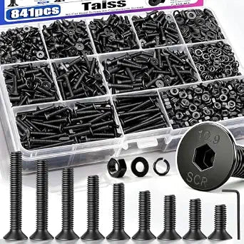 Taiss 841PCS M3 Screw Kit,Flat Head Metric Bolts Assortment,10.9 Grade Alloy Steel,Countersunk Machine Screws,Black Nuts and Bolts for 3D Printer,Mechanical Hardware,with Hex Wrenches
