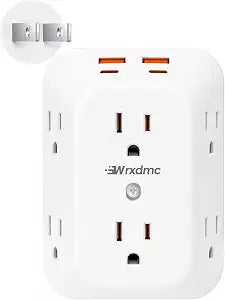 WRXDMC 2 Prong to 3 Prong Outlet Adapter, 6 AC Splitter, 2 USB-C & 2 USB-A