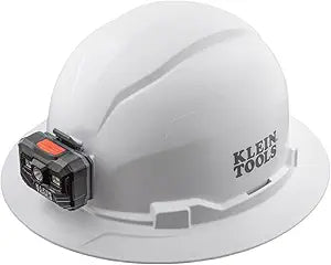 Klein Tools 60406RL Hard Hat, Rechargeable Headlamp, Non-Vented, Full Brim Style, Padded Self-Wicking Odor-Resistant Sweatband, Tested up to 20kV, White
