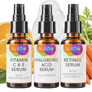 GLEOW Skincare Set: Retinol, Vitamin C, and 99% Hyaluronic Acid Serum, Face Serum Set Targets Appearance of Uneven Skin and Dryness, Total Package Serum Set 3x1 oz