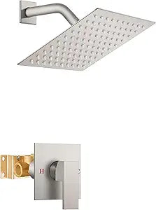 Airuida Shower Faucet Set Bathroom Rain Shower System 8 Inch Square Showerhead Single Function 1 Handle Trim Kit with Female Thread Rough-in Valve Cover Plate with H and C Labels Brushed Nickel