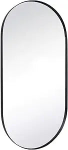 TEHOME Black Oval Bathroom Mirror 20x40'' Pill Shaped Oblong Vanity Mirror Metal Framed Capsule Mirror for Wall in Stainless Steel Rounded Rectangular Mirrors for Wall Mounted