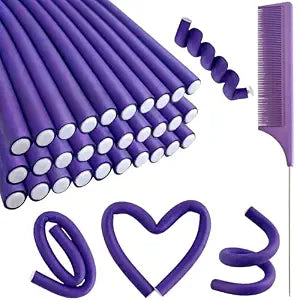 30PCS 9.45" Purple Flexible Rods Curlers Set for Short and Long Hair, No Heat Foam Rollers with Steel Comb
