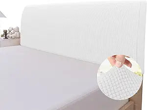 Easy-Going Stretch Bed Headboard Slipcover, Small Square Jacquard Furniture Cover, Dustproof Protector Cover for Bedroom Decor (Queen,White)