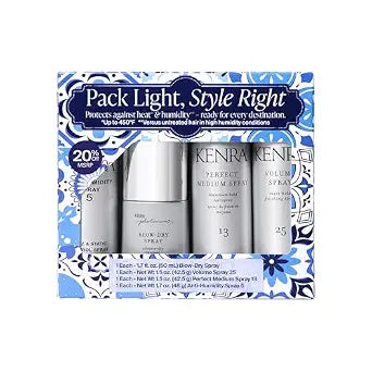 Kenra Travel Set Pack Light, Style Right | Hair Styling Gift Set | 4 pc. Value Kit | Volume, Blow-Dry, Anti-Humity, Perfect Medium Hair Sprays