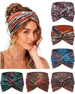 Extra Wide Headbands for Women 6 Pack, 7.08 Inch Non Slip Soft Bandana Head Bands, Boho Elastic Twist Cross Hair Bands Moisture-Wicking Sweat Bands for Sports Yoga Workout Makeup