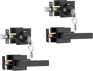 Black Front Door Lock Set with 2 Pack Keyed Alike for Same Keys Bedrooms & Living Rooms, Zinc Exterior Door Lock Set with Deadbolt, Square Black Door Handles with Lock