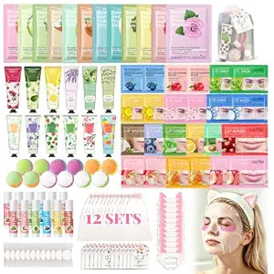 120 PCS Spa Party Supplies for Girls, Sleepover Party Supplies for Girls, Skincare Set, Include Face & Lip Masks, Foot Bath Bombs, Hand Cream, Lip Balm, Under Eye Patches, Spa Party Favors