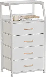 Furnulem Tall 4 Drawers Dresser, Vertical Storage Tower for Bedroom, Hallway, Entryway, Nursery, Closet Organizer, Nightstand Bedside Table Furniture, Sturdy Steel Frame, Wood Top, White