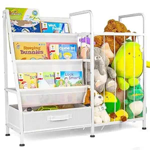 Kids Bookshelf & Stuffed Animal Storage  Large White 3-Tier Book Display Rack with Sling Shelves & Fabric Toy Chest | Toy Organizer for Playrooms, Bedrooms, Nurseries