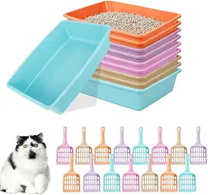 10 Pcs Open Cat Litter Box with 15 Scooper, 14.6 x 10.6 x 3.4 Inch Medium Plastic Pet Tray, Indoor Kitten Rabbit Supply Box for Home Pet (5 Color)