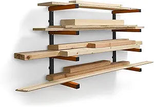 BORA Wood Storage Rack Wall Mount - Heavy Duty Lumber Storage Rack System for Garage Organization - 4-Level Workshop Organizer for Lumber, Pipes & Tools - 440lb Capacity Orange & Grey PBR-0410