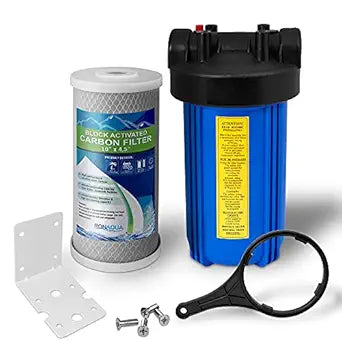 Whole House Water Filter Purifier System, Big Housing with Presser Relief Button, 1 Inlet/Outlet Brass Port & 5 Micron Block Activated Carbon Filter Cartridge (10 Inches)