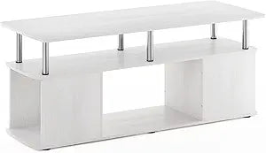 Furinno JAYA TV Stand, 3-Tier Entertainment Center with Open Shelf, TV Console for TV up to 50 Inch with Side Open Storage Compartments, for Living Room, Bedroom, White Oak/Stainless Steel Tubes
