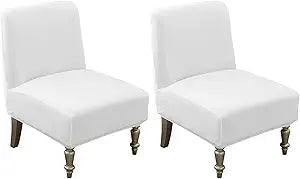 Armless Accent Slipper Chair Covers,Stretch Armless Chair Slipcover Removable Velvet Fabric Non-Slip Silp Cover for Accent Chair Without Arms Furniture Protector (White, 2 Pieces)