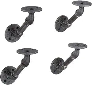 Rustic Industrial Angle Shelf Brackets - 4 Inch Pipe Double Flange Bracket Set of Four, Iron Metal Grey Black Fittings, Custom DIY Floating Shelves, Wall Mounted Vintage Furniture Decorations, 4 Pack