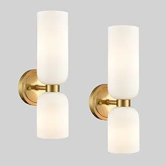 DEYNITE Gold Wall Sconces Set of Two 2-Light Modern Wall Light 3.93"(W)*14.2"(H) Bathroom Vanity Light Milky White Glass