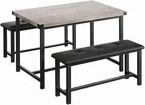 IDEALHOUSE Dining Table Set for 4, 3 Piece Rectangular Kitchen Table with 2 Upholstered Benches, Space Saving Wooden Dining Room Furniture with Metal Frame for Small Spaces Apartment Studio, Grey