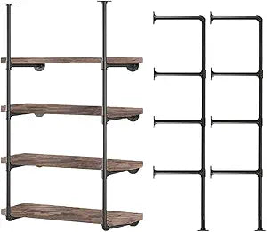Industrial Wall Mount Iron Pipe Shelf Bracket,Retro DIY Open Bookshelf,Storage Shelves, Ceiling hung Shelves for Home Kitchen Bathroom Living Room Office(2PcsX4Tier,56" Tall,12"deep,Hardware Only)