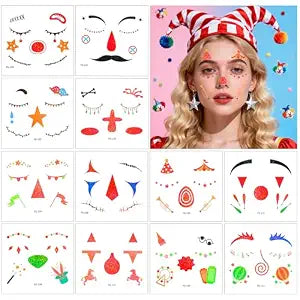 Konsait 12 Sheets Glitter Clown Face Tattoos for Women Girls, Temporary Face Makeup Tattoo Halloween Fake Makeup Tattoos Stickers Party Favors