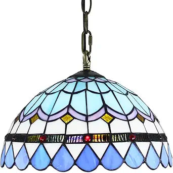 Tiffany Style Glass Pendant Light, Blue Stained Glass Pendant Light Fixture, Vintage Hanging Lamp for Dining Room, Bedroom, 15.7"