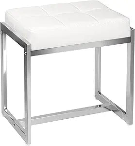 Vanity Stool, Vanity Chair Stools for Makeup Room, Faux Leather Small Makeup Bench, Modern Silver Metal Legs Ottoman Foot Rest for Bedroom Living Room, White & Silver