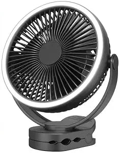 8" Portable Rechargeable Fan with 3 settings LED light, Clip on fan with 10000 mAH rechargeable battery, 4 settings wind speed and non-slip clamp suitable for baby carts, desks, trips, camping tents
