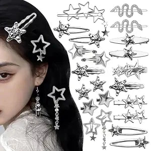 22 Pcs Silver Hair Clips Metal Star Barrettes, 13 Shapes Hairpin Barrettes, Goth Hair Pins Set, Punk 2000s Hair Accessories for Women and Girls Styling Star Hairpin (22 PCS)