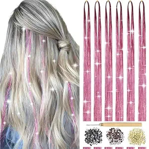 Hair Tinsel Kit With Tools 6Pcs 1200 Strands Pink Tinsel Hair Extensions Heat Resistant Fairy Glitter Hair Extensions Sparkling Shiny Hair Accessories for Girls Women Kids (Pink)