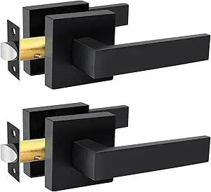 KAMOTA Passage Door Levers, 2 Pack Black Heavy-Duty Keyless Door Handles, Square Non-Locking Door Knobs, Right and Left Handed for Closets, Hallways and Conference Rooms